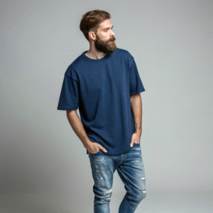 Navy Blue Terry Oversized Premium T-Shirt – Deep Tone, Bold Fit