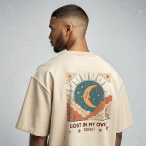 "Lost in My Own Orbit" Oversized Graphic T-Shirt – Beige | Retro Sun & Moon Unisex Tee