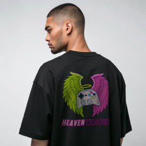 "Heaven Was Full" Oversized Black T-Shirt | Gothic Glitch Angel Unisex Graphic Tee