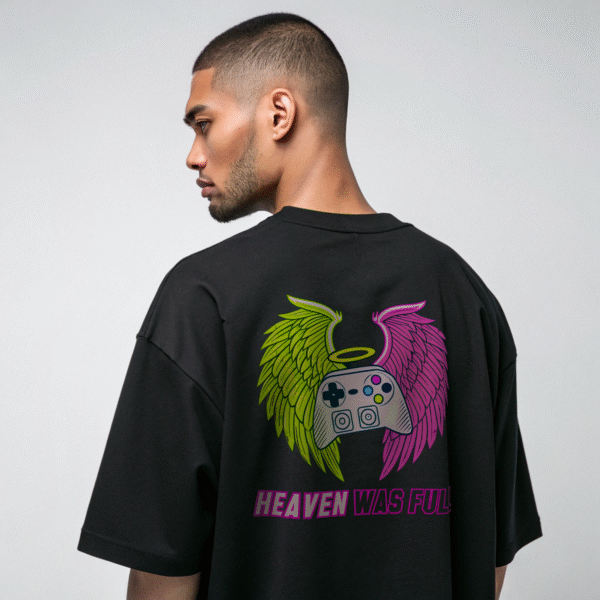 "Heaven Was Full" Oversized Black T-Shirt | Gothic Glitch Angel Unisex Graphic Tee