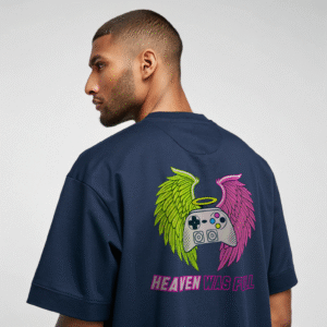 "Heaven Was Full" Oversized Navy T-Shirt | Gothic Glitch Angel Unisex Graphic Tee