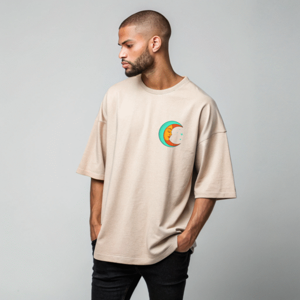 "Lost in My Own Orbit" Oversized Graphic T-Shirt – Beige | Retro Sun & Moon Unisex Tee - Image 2