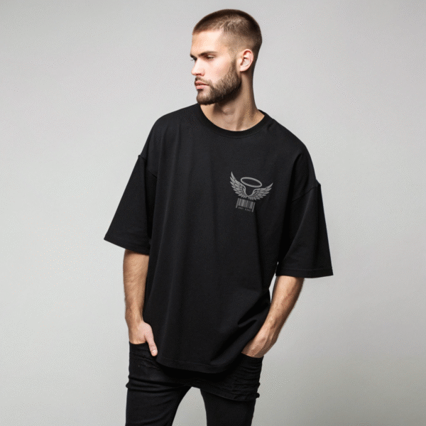 "Heaven Was Full" Oversized Black T-Shirt | Gothic Glitch Angel Unisex Graphic Tee - Image 2