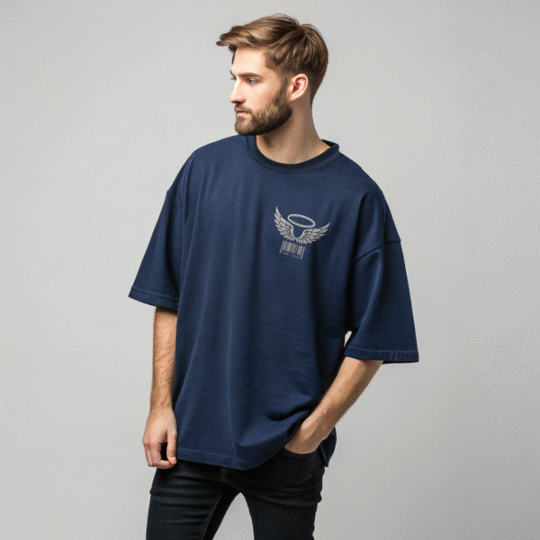 "Heaven Was Full" Oversized Navy T-Shirt | Gothic Glitch Angel Unisex Graphic Tee - Image 2